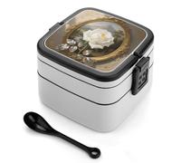 SMAZDFXX Bento Box a doppio strato con cucchiaio, scomparti divisi e maniglia per un facile trasporto, contenitore per il pranzo a forma di rosa bianca per ufficio, picnic