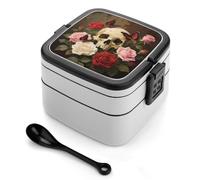 SMAZDFXX Bento Box a doppio strato con cucchiaio, scomparti divisi e maniglia per un facile trasporto, contenitore per il pranzo a forma di teschio di rosa per ufficio, picnic