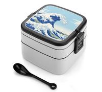 SMAZDFXX Bento Box a doppio strato con cucchiaio, scomparti divisi e maniglia per un facile trasporto, Lunch Box con onda giapponese per ufficio, picnic