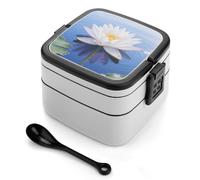 SMAZDFXX Bento Box a doppio strato con cucchiaio, scomparti divisi e maniglia per un facile trasporto, contenitore per il pranzo a forma di fiore di loto bianco per ufficio, picnic