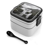 SMAZDFXX Bento Box a doppio strato con cucchiaio, scomparti divisi e maniglia per un facile trasporto, Lunch Box con paesaggio a cascata per ufficio, picnic