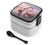 SMAZDFXX Bento Box a doppio strato con cucchiaio, scomparti divisi e maniglia per un facile trasporto, grazioso contenitore per il pranzo con fenicottero rosa al tramonto per ufficio, picnic
