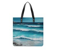 SMAZDFXX Borsa a tracolla morbida da donna, borsa da weekend, borsa hobo, borsa shopper, borsa da spiaggia originale con paesaggio marino, in pelle PU turchese di grandi dimensioni