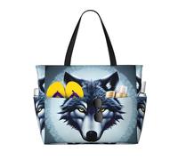 SMAZDFXX Borsa da spiaggia grande e capiente, borsa tote pieghevole con motivo a testa di lupo, adatta per viaggi e shopping.