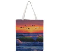 SMAZDFXX Borsa in tela riutilizzabile con stampa Onde dell'oceano, uccelli e tramonto, borsa per la spesa, 15" x 16"