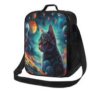 SMAZDFXX Borsa per il pranzo riutilizzabile con tracolla, motivo: gatto cosmico, pianeti, spazio, animali, per donne e uomini