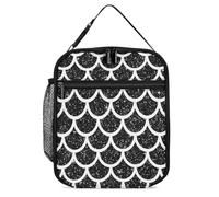 SMAZDFXX Borsa riutilizzabile per la preparazione dei pasti con motivo a squame di sirena glitterata nera, con chiusura a cerniera, porta pranzo a prova di perdite, per lavoro, ufficio, picnic