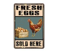 SMAZDFXX Cartelli in latta rustici con uova fresche di fattoria vendute qui, cartello in metallo vintage con pollo, gallina, gallo, poster in metallo divertente con pollaio, 8x12 pollici