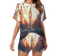 SMAZDFXX Completo Pigiama da Donna a Maniche Corte con Stampa di Una Strada londinese e Bandiere, Composto da Due Pezzi: Pantaloncini e Maglietta.
