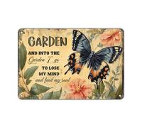 SMAZDFXX Divertente cartello in metallo da giardino E nel giardino vado a perdere la testa e a trovare la mia anima, poster a forma di farfalla per cucina in stile rustico, 8x12 pollici