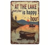 SMAZDFXX Happy Hour at the Lake Vintage Sunset Metal Sign Home Decor 1 pz 8x12 pollici per casa, bagno, giardino, toilette, camera da letto, bar, decorazione da parete per caffè