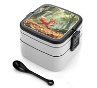 SMAZDFXX Little Fox in The Bento Box Lunch Box a doppio strato per adulti con cucchiaio e manico Bento Box monoblocco a prova di perdite per lavoro, picnic e viaggi
