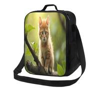 SMAZDFXX Lunch box portatile riutilizzabile con tracolla, motivo: gattino arancione, foglie verdi, ramo, borsa per il pranzo, divertente e carino, bento lunchbox, borsa termica per pasti