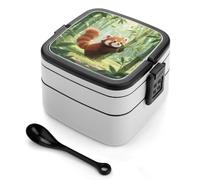 SMAZDFXX Panda rossi nella scatola Bento in bambù, contenitore per il pranzo a doppio strato per adulti con cucchiaio e manico, scatole Bento a tenuta stagna, monoblocco per lavoro, picnic e viaggi