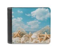 SMAZDFXX Portafoglio da uomo in pelle con stampa di conchiglie e stelle marine, portadocumenti, tasca anteriore a due ante, sottile, con fermasoldi