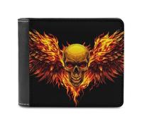 SMAZDFXX Portafoglio in pelle stampata con teschio infuocato e ali per uomo, con portadocumenti, tasca anteriore a due ante, sottile, fermasoldi