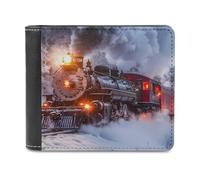 SMAZDFXX Portafoglio sottile da uomo a due ante, in pelle PU, con 6 porta carte e fermasoldi, con motivo Steam Train in Snowy Day