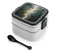 SMAZDFXX Quiet Streams Bento Box Lunch Box a doppio strato per adulti con cucchiaio e manico Bento Box monoblocco a prova di perdite per lavoro, picnic e viaggi