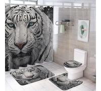 SMAZDFXX Set da bagno con 4 pezzi di animali tigri, tenda da a e tappeti, tenda da a con testa di tigre, rapace, bianco e nero, set di decorazioni per il bagno con 12 ganci