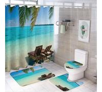 SMAZDFXX Set da bagno con tenda da a e tappeti, motivo: spiaggia, 4 pezzi, due lettini da spiaggia sotto una palma, copriwater e tappetino da bagno, tende da a con 12 ganci, 72 x 72 pollici