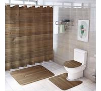 SMAZDFXX Set da bagno Grain Cottage in legno massello, tenda da a da 4 pezzi con 12 ganci, tappetino da bagno, tappetino a forma di U, tappeto ovale per coperchio del water