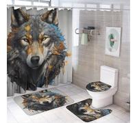 SMAZDFXX Set di 4 tende da a con animali selvatici, lupi, cattivo colorato, con tappetini antiscivolo, copriwater e tappetino da bagno, decorazione per il bagno, 182,9 x 182,9 cm