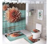 SMAZDFXX Set di 4 tende da a con motivo floreale rustico, turchese, verde acqua, dalia, con tappeto, copriwater e tappetino da bagno, per l'arredo del bagno.
