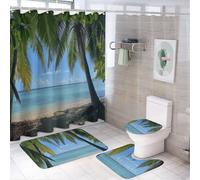 SMAZDFXX Set di 4 tende da a con motivo Tropical Islands - Tenda da a con motivo Coconut Tree Beach Family con copriwater e tappetini, tende da a per l'arredo del bagno di casa con 12 ganci