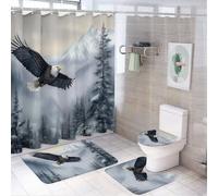 SMAZDFXX Set di 4 tende da a con paesaggio montano innevato - Tenda da a Soaring Eagle Famliy con copriwater e tappeti, tende da a per l'arredamento del bagno di casa con 12 ganci