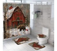 SMAZDFXX Set di 4 tende da a natalizie in stile fattoria con tappeti, copriwater e tappetino, set di tende da a per bagno con ganci, motivo: fattoria vintage, fienile, orso, rosso, neve, albe