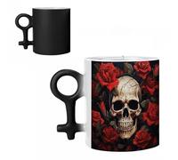 SMAZDFXX Set di tazze da caffè con teschio e rosa acceso per coppie, tazze in ceramica con design a effetto termotrasferibile, romantiche per anniversari e San Valentino.