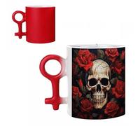 SMAZDFXX Set di tazze da caffè con teschio e rosa acceso per coppie, tazze in ceramica con design a effetto termotrasferibile, romantiche per anniversari e San Valentino.