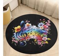 SMAZDFXX Tappeto rotondo con fiori e note musicali arcobaleno colorato, in velluto corallo, antiscivolo, per bagno, soggiorno, camera da letto, cucina, 80 * 80 cm