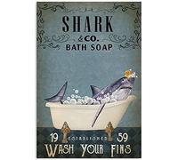 SMAZDFXX Targa in metallo con squalo, Shark Co.Bath, Lava le tue pinne, poster retrò, caffetteria, soggiorno, bagno, cucina, casa, decorazione da parete, 8x12 pollici