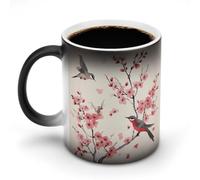 SMAZDFXX Tazza da caffè in ceramica con rami di ciliegio, fiori e uccelli, tazze da tè personalizzate, sensibili al calore, che cambia colore, per tutti i giorni