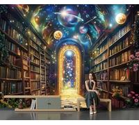 SMBHIAON Carta Da Parati Panoramica L'Universo Cielo Stellato Libri 300L×210Acm, Blu Murales In Seta - Biblioteca Fantastica Poster Decor Da Parete Per Soggiorno Ufficio Corridoio Muro Di Sfondo