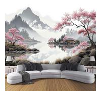 SMBHIAON Carta Da Parati Pittura A Inchiostro Tradizionale,350L × 256A cm Fotomurali In Seta Montagne Fiumi Paesaggi Ciliegi In Fiore 3D Decorazione Da Muro XXL Poster Gigante Design - Rosa Grigio