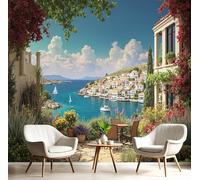 SMBHIAON Carta Da Parati Stile Mediterraneo,400L × 280A cm Fotomurali In Seta Isole Greche Motivi Portuali 3D Decorazione Da Muro XXL Poster Gigante Design Per Ufficio Tv Sfondo - Blu
