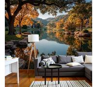 SMBHIAON Carta Da Parati Vista Lago Autunnale Fotomurali Vista Alberi Sul Lago Decorazione Da Muro Xxl Poster Gigante Design Carta Per Pareti 400L×280Acm Giallo