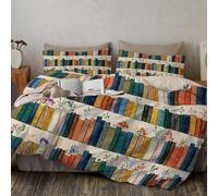 SMBHIAON Copripiumino Scena Di Biblioteca 240X220Cm Set Di Biancheria Da Letto Per Bambini Copripiumino Fiori Illustrazioni Libri In Microfibra + 2 Federe 50×80 Cm(Blu)