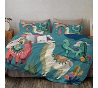 SMBHIAON Copripiumino Taglia Singola Stile Cartone Animato 140X200Cm Microfibra Morbida Set Copripiumino,Motivi Di Cammelli Cactus Biancheria Da Letto Reversibile Con 2 Federe 50X80Cm,Blu-Verde