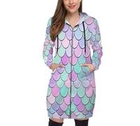 SMBHIAON Felpa con Zip Donna Lunga Oversize - Regolabile Giacca Invernale Manica Lunga con Tasche, Stampa Moda Motivo A Squame di Sirena, Taglie Forti S-5Xl, Comoda per Autunno E Inverno