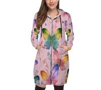 SMBHIAON Felpa Donna con Zip E Cappuccio Piante Illustrazioni di Farfalle Tasche Taglie Forti Felpa Zip Cerniera Comode Scena Fantasy Hoodie Hoodie Donna Oversize Vintage Lunga Streetwear
