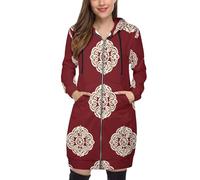 SMBHIAON Felpa Donna con Zip Felpe Sportiva con Tasche E Cappuccio Design A Cerchio Colorato Morbida Invernale Giacca Regolabile Rosso Corallo Confortevole per Uso Quotidiano Casual