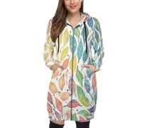 SMBHIAON Felpa Lunga con Zip Donna - Disegno al Tratto Cappuccio Regolabile Tasche, Stampa Foglie Colorate Fantasia,Hoodie Oversize S-5Xl,Autunno Inverno,Colore Arancione