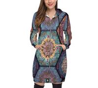 SMBHIAON Felpa Lunga con Zip Donna - Stile Bohémien Cappuccio Regolabile Tasche, Stampa Mandala Esagonale Fantasia,Hoodie Oversize S-5Xl,Autunno Inverno,Multicolore