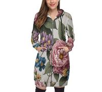 SMBHIAON Hoodie Donna Oversize Vintage Lunga Streetwear Tasche Design Fiore Pianta Verde Taglie Forti Felpa Zip Cerniera Comode Hoodie Leggera Trekking Felpe Giacca Giubbino con Cappuccio,Rosa