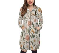 SMBHIAON Hoodie Donna Oversize Vintage Lunga Streetwear Tasche Fiori Motivo A Foglie Taglie Forti Felpa Zip Cerniera Comode Hoodie Leggera Trekking Felpe Giacca Giubbino con Cappuccio,Bianco