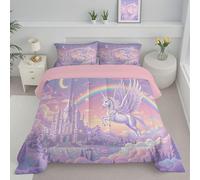 SMBHIAON Piumino Matrimoniale 4 Stagioni Simpatico Unicorno Cartoni Animati Piumone Bambino Stile Castello Da Favola 260x230cm Morbida Chaud Trapunta In Microfibra Per Tutte Le Stagioni, Rosa Chiaro