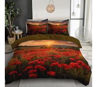 SMBHIAON Set Copripiumino Separare Rosso Scuro Con Campi Papaveri Rossi, In Microfibra (1 Copripiumino, 2 Federe Per Cuscino), Biancheria Da Letto 240X220Cm Con Cerniera Chiusura